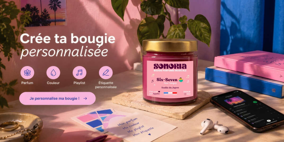 Crée ta bougie personnalisée SONORIA : parfum, couleur, playlist et étiquette