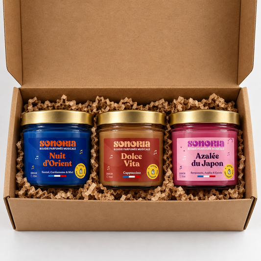 Coffret Noël SONORIA - 3 bougies parfumées 200 g : Nuit d'Orient, Dolce Vita, Azalée du Japon