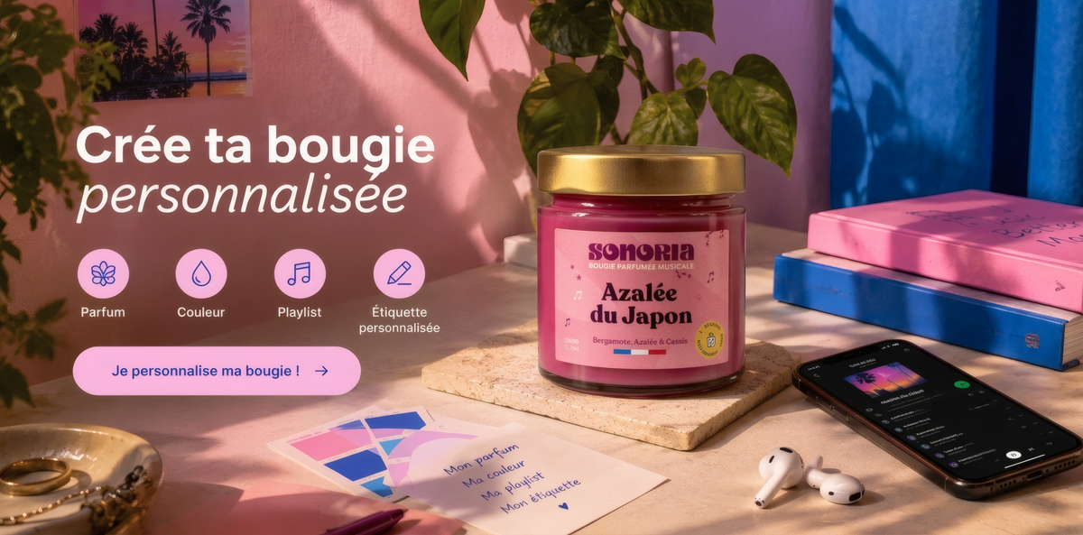 Crée ta bougie personnalisée SONORIA : parfum, couleur, playlist et étiquette